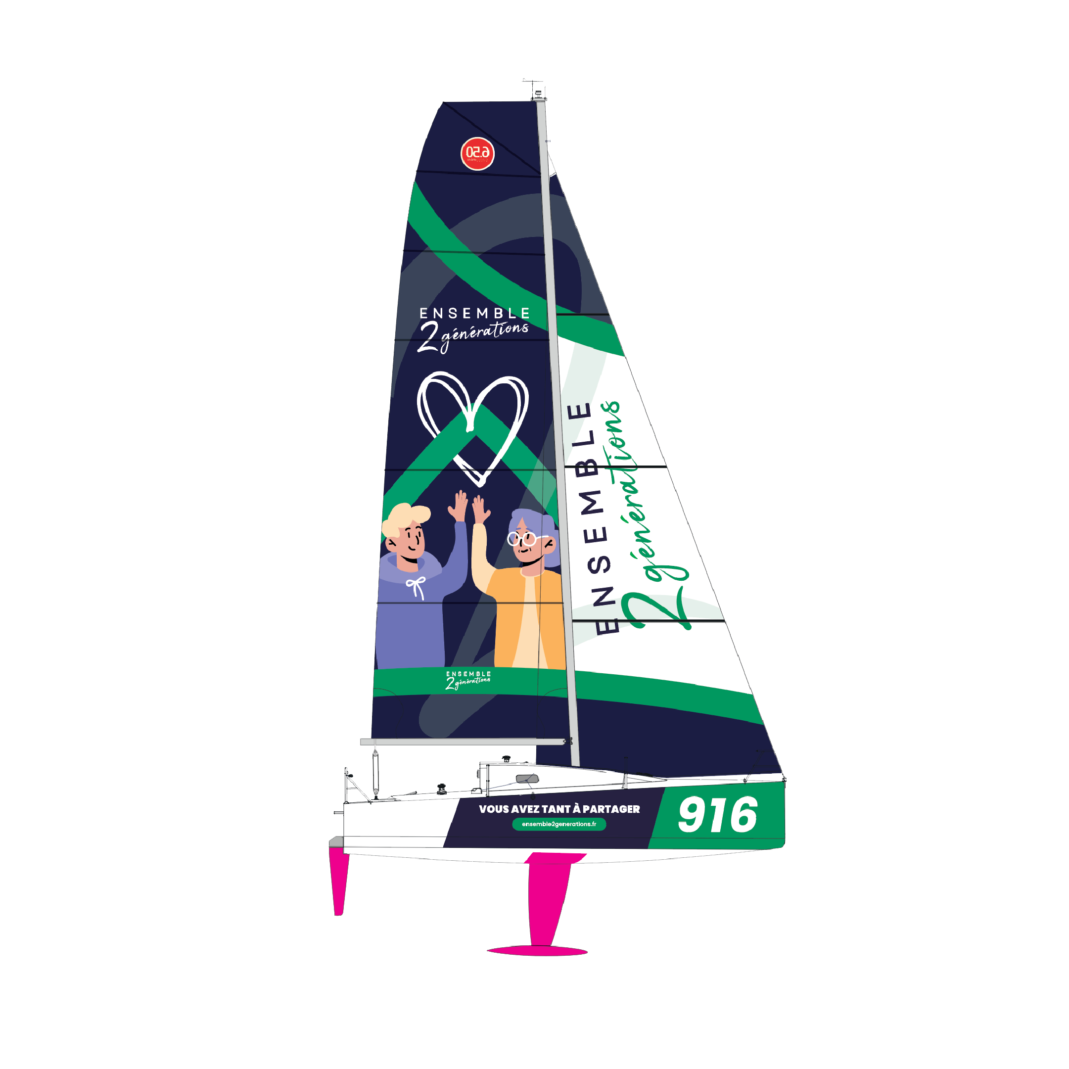 Habillage d'un bâteau de la Mini Transat 2025, Ensemble2générations partenaire de Jean-Baptiste Minvielle.